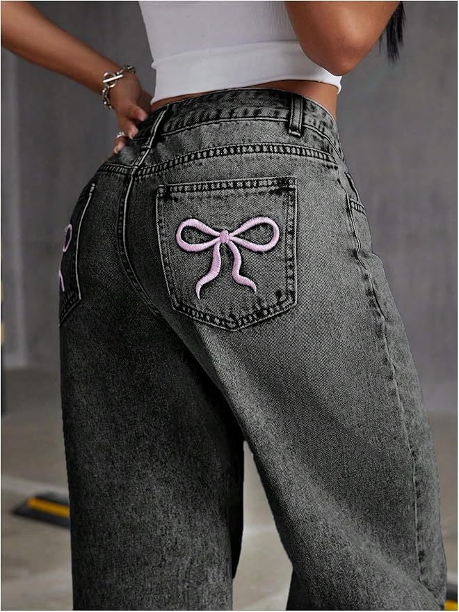 High Waisted Wide Leg Jeans Bow Embroidered Gray Wash