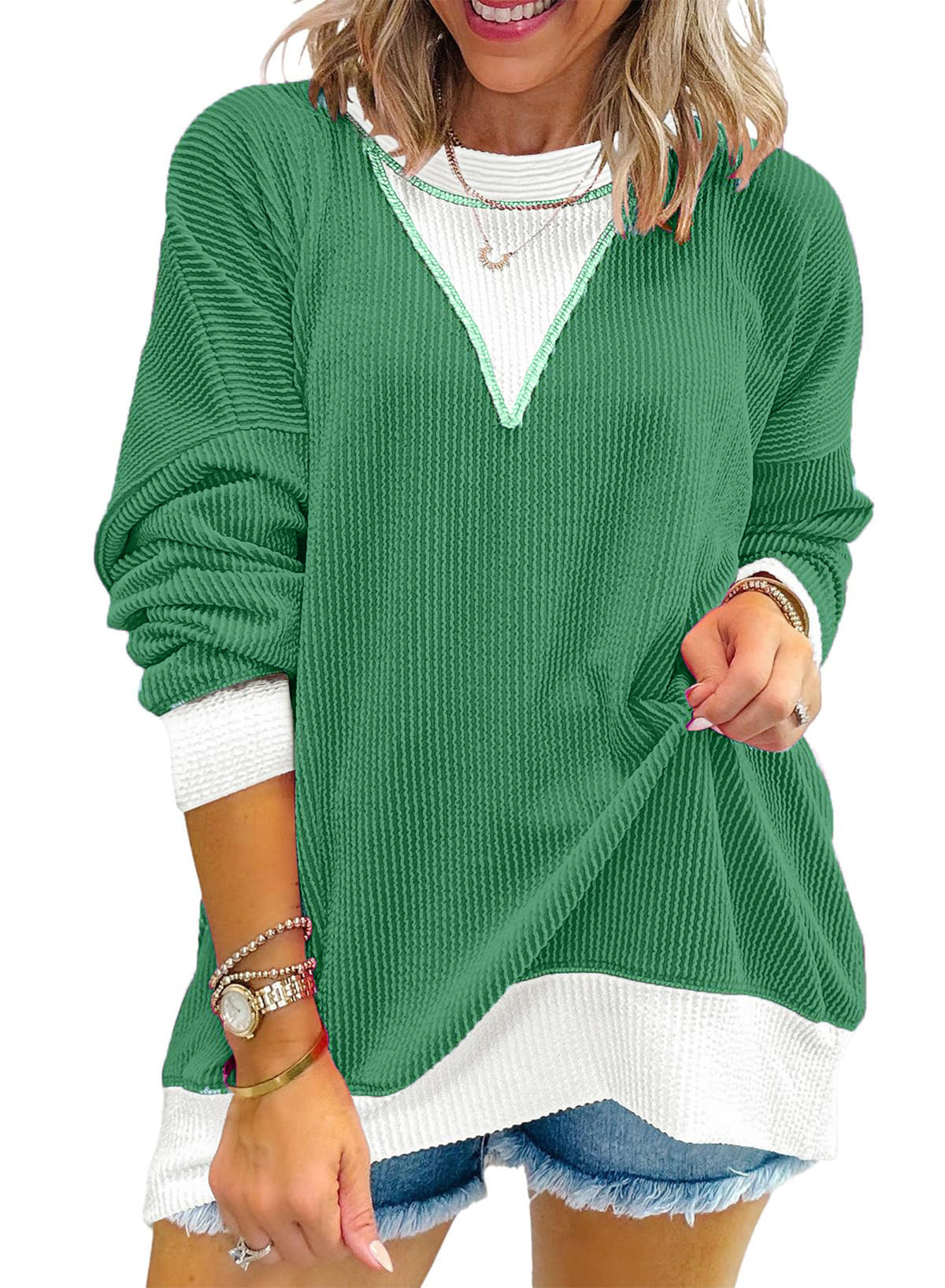 Colorblock Top Casual Waffle V-Neck Oversized