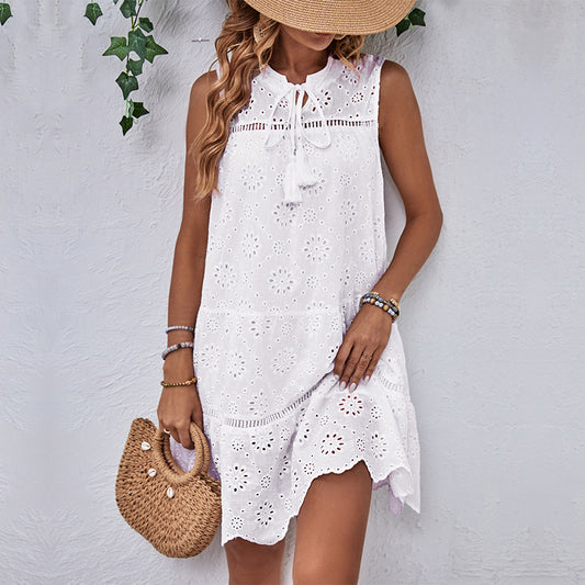 Eyelet Lace Sleeveless Mini Dress Boho Resort Style