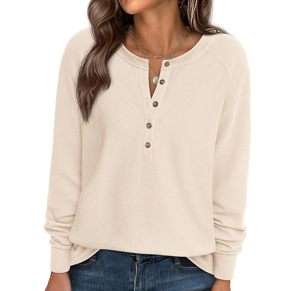 Henley Button Front Waffle Knit Long Sleeve Top