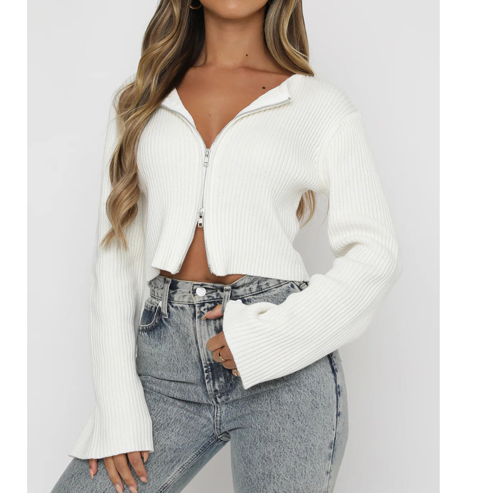 Trendy Zip-Up Cropped Knit Sweater for Women