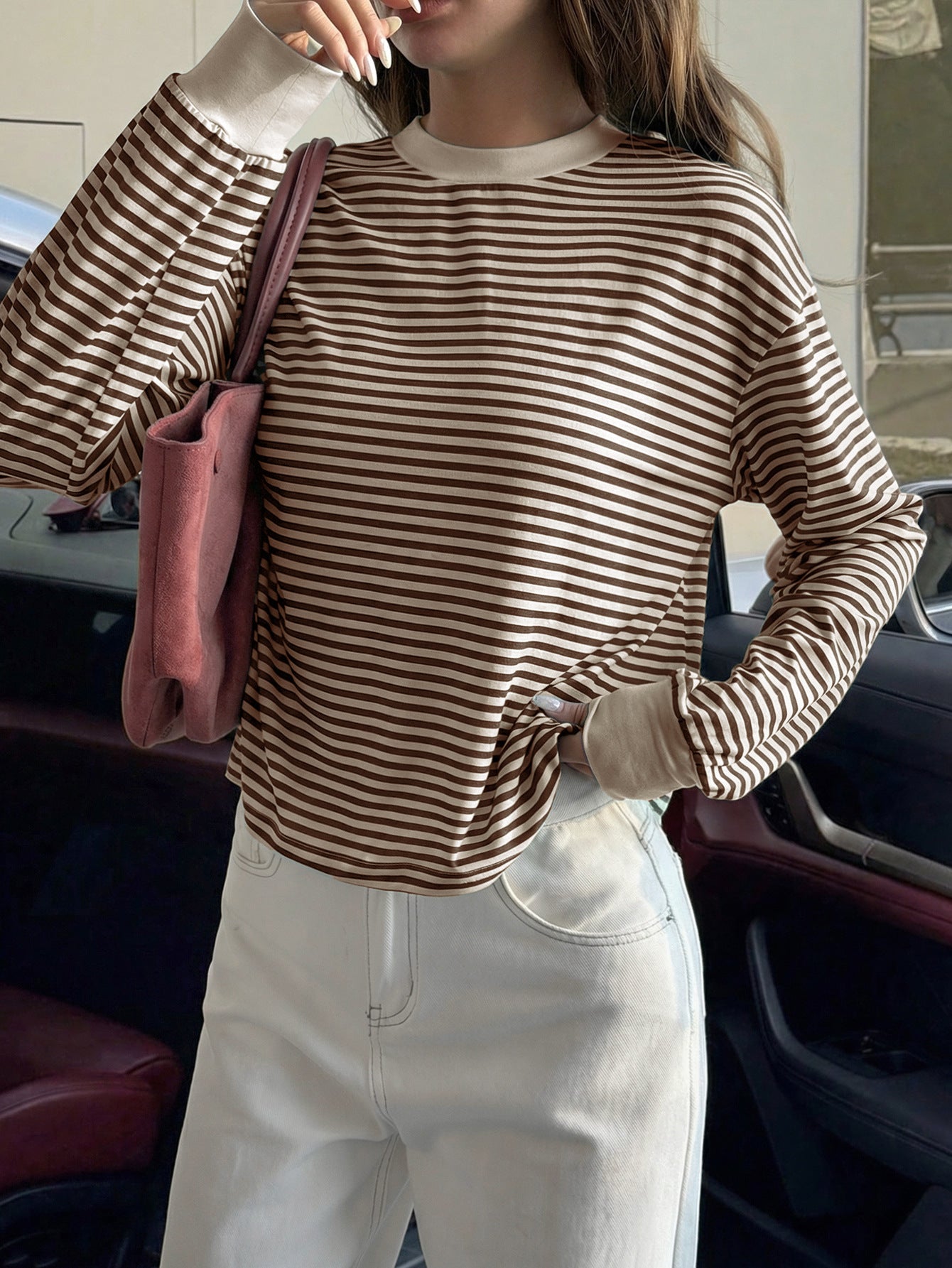 Striped Polyester Tee Casual Oversized Long Sleeve