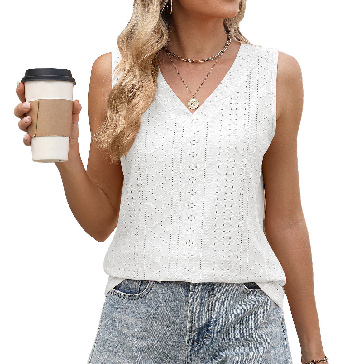 Eyelet V-Neck Sleeveless Cotton Tank Top for Women