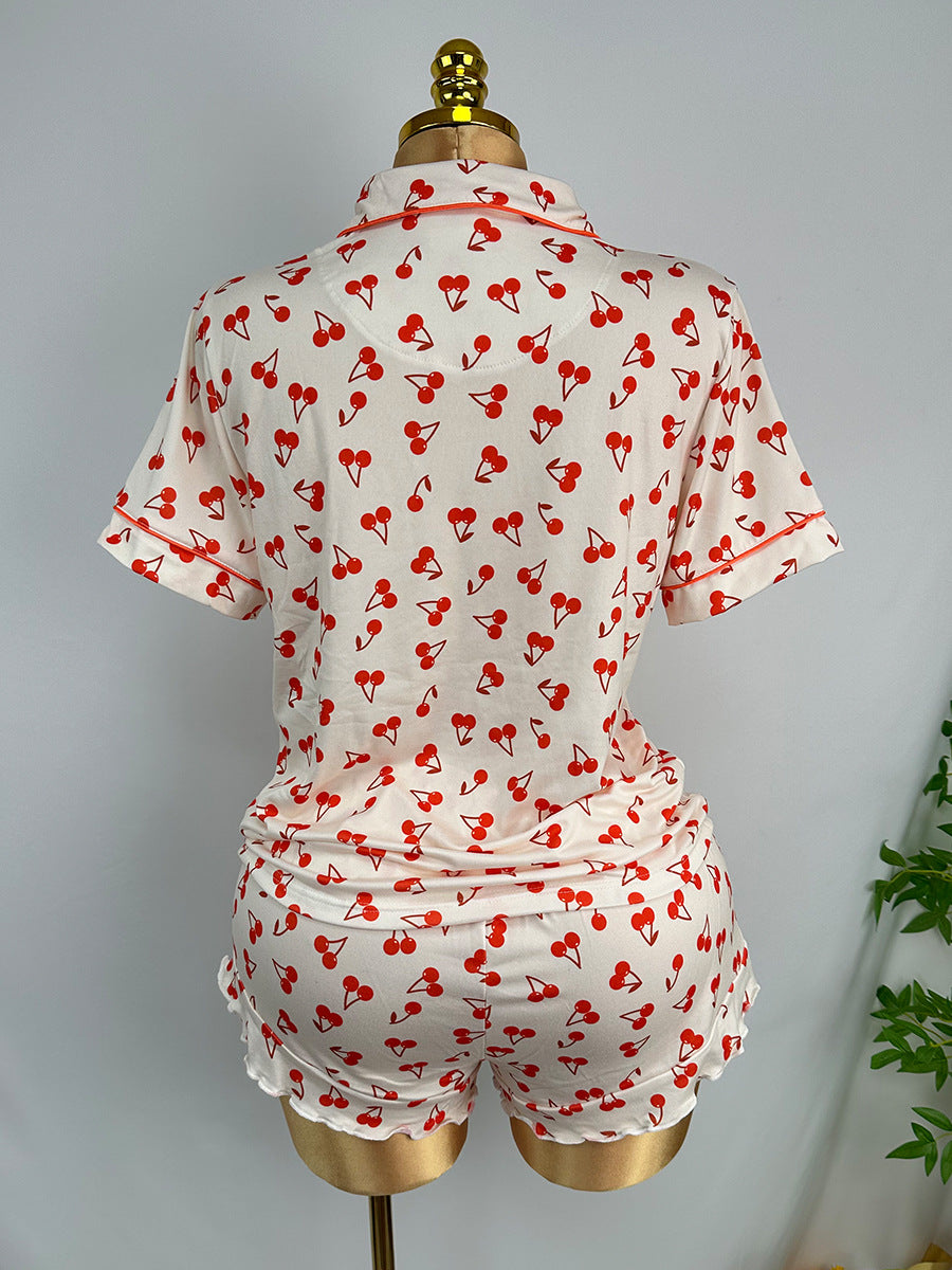 Beige Cherry Print Short Sleeve Two-Piece Summer Pajama Set