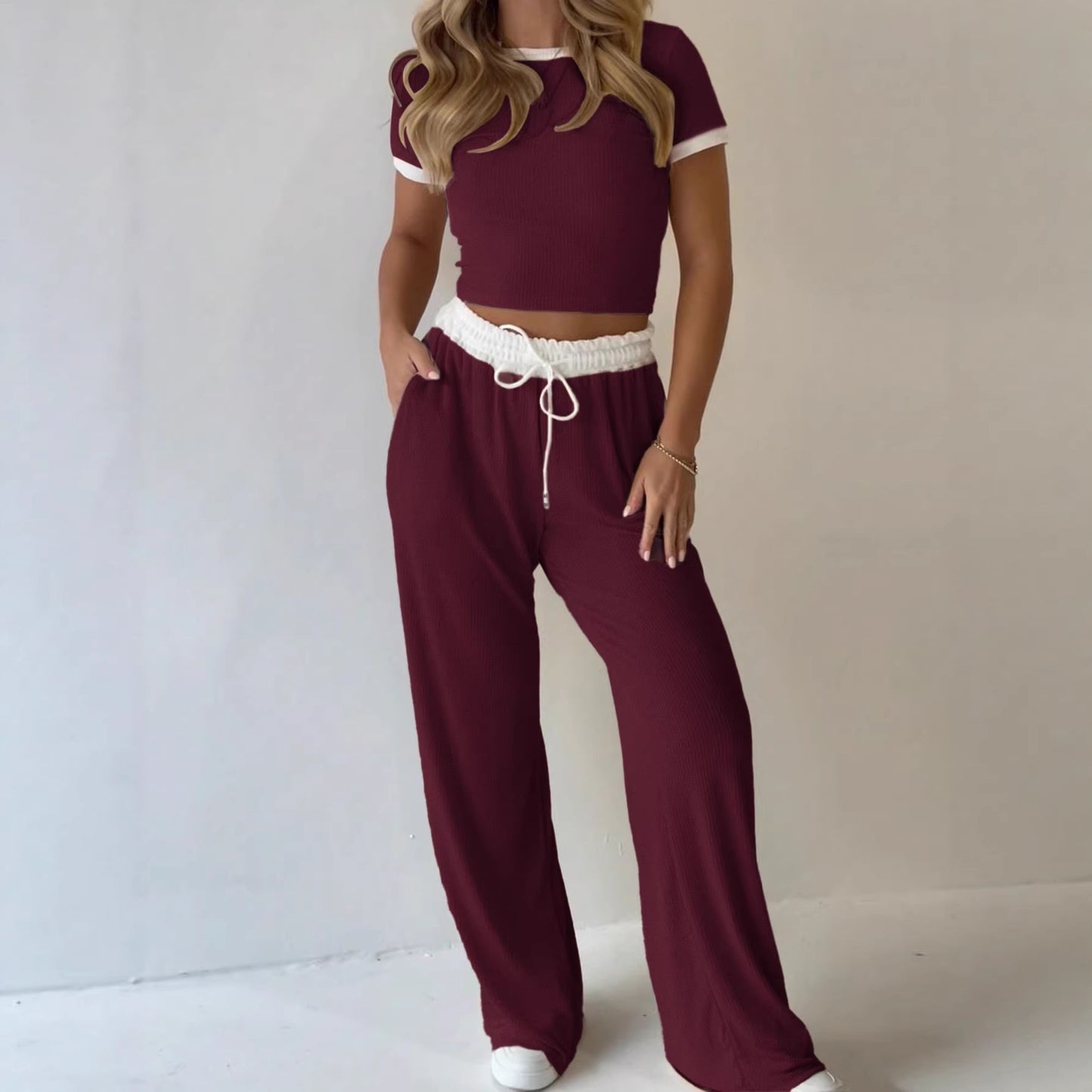 Women’s Wide Leg Pants Set Short Sleeve Casual Two Piece