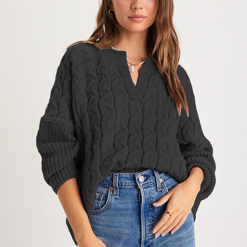 Women's Oversized Cable Knit V Neck Pullover Sweater