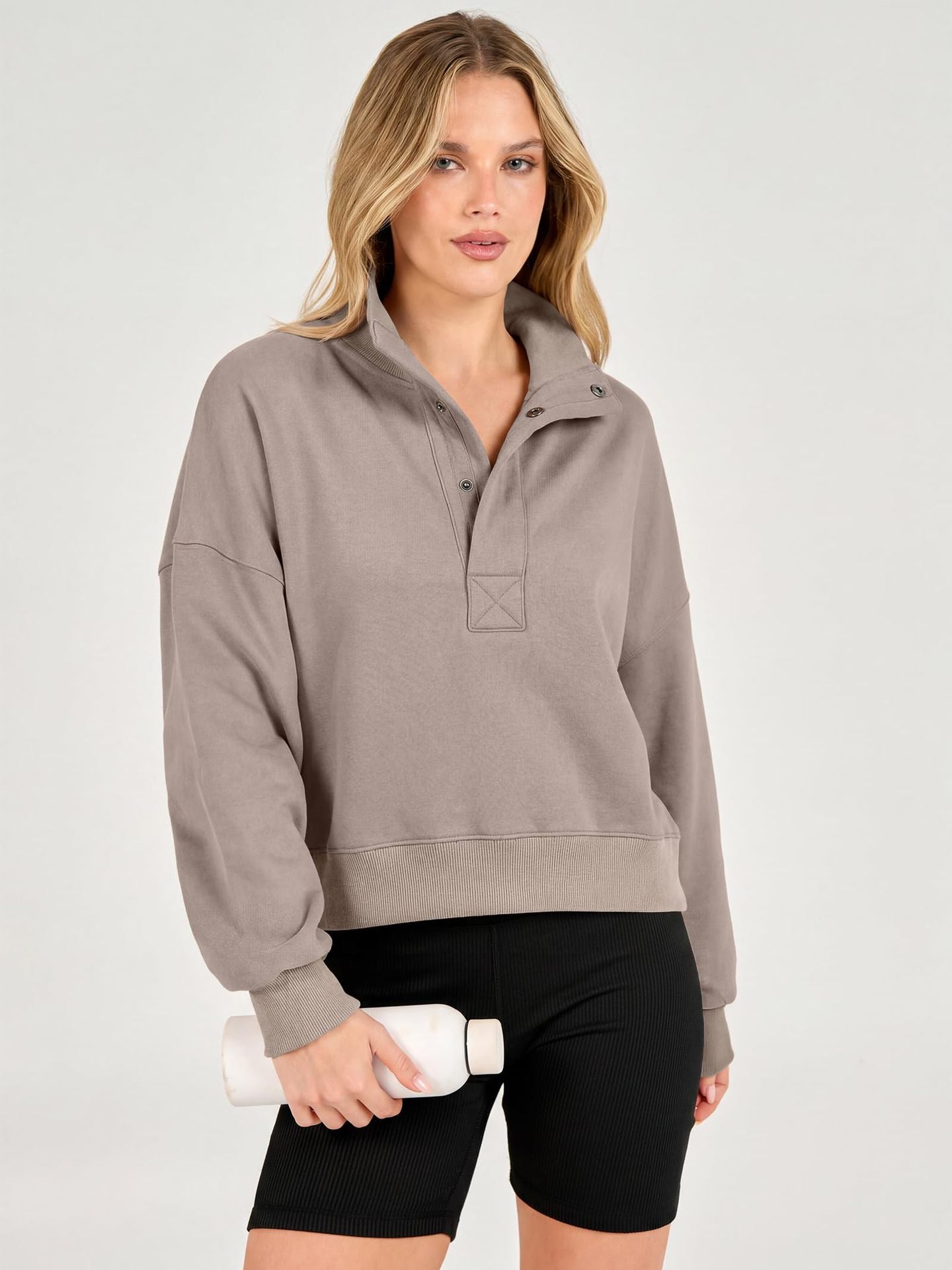 Cropped Henley Sweatshirt Collared Relaxed Fit