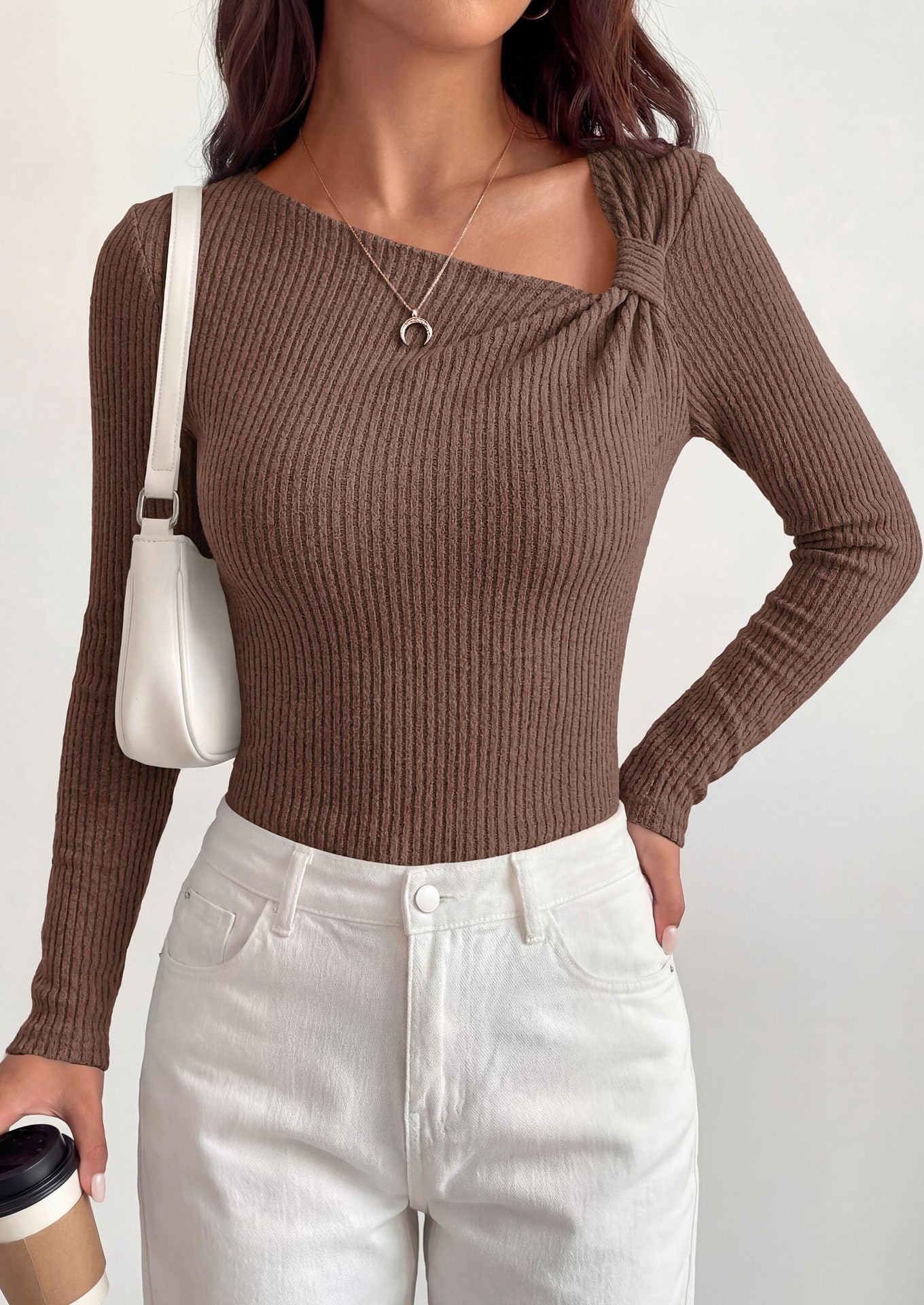 Asymmetrical Ribbed Knit Long Sleeve Sweater Top