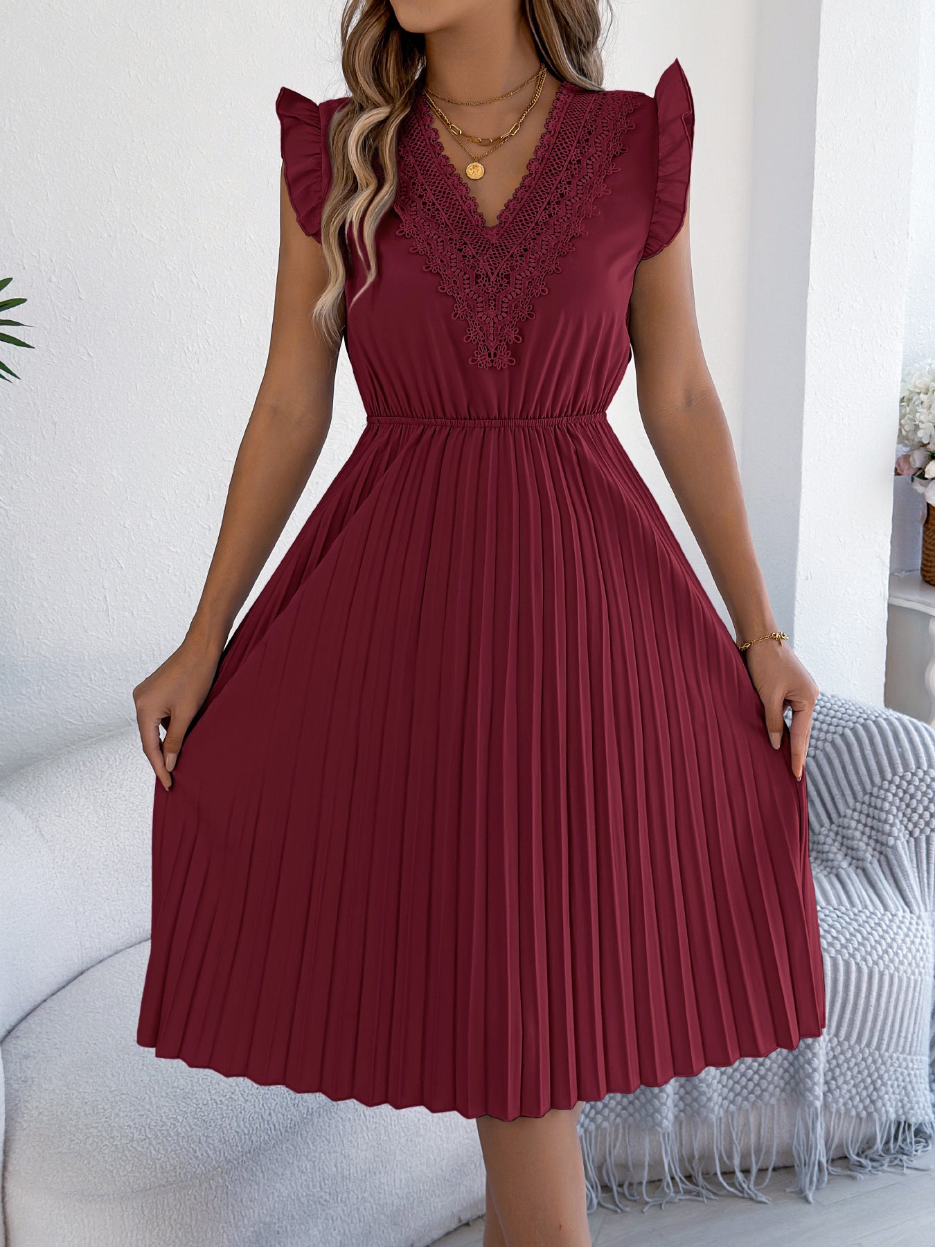 Pink Lace V Neck Pleated Midi Dress with Flutter Sleeves