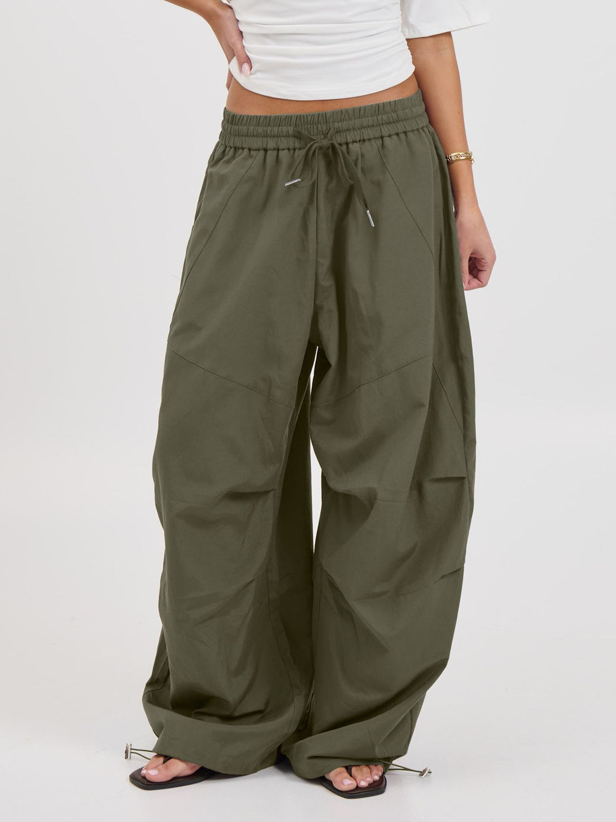 Womens Parachute Cargo Pants Wide Leg Drawstring