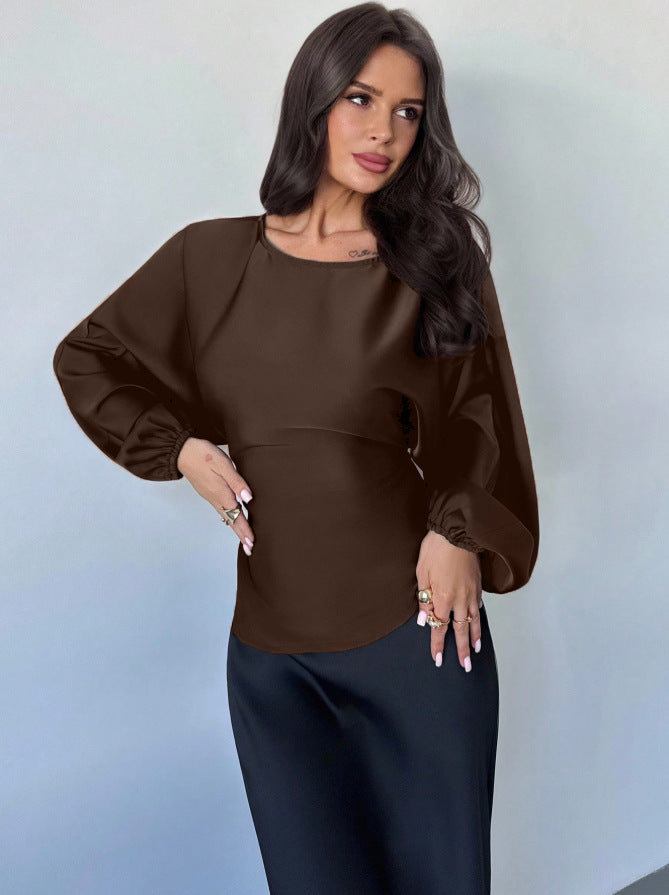 Women's Satin Batwing Long Sleeve Cinched Waist Blouse