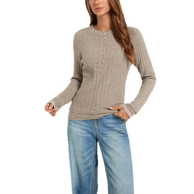 Women's Ribbed Henley Sweater Long Sleeve Fitted Top