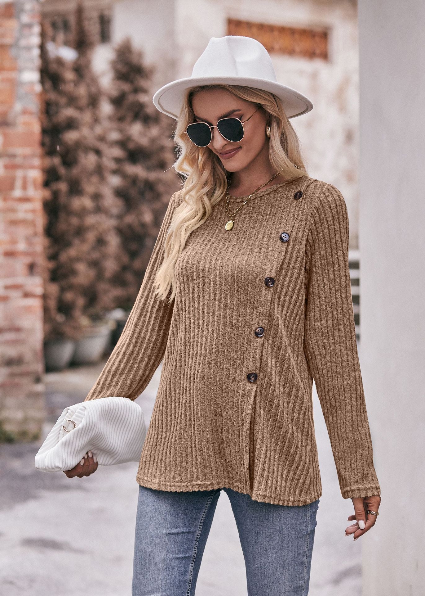 Women's Solid Color Crew Neck Slit Button