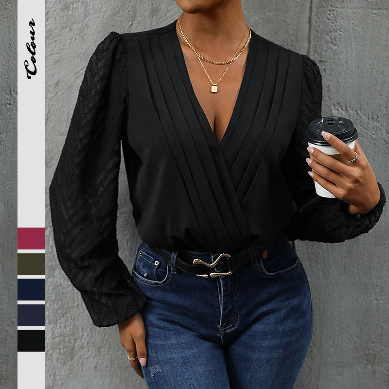 Elegant V Neck Lace Long Sleeve Bodysuit for Women