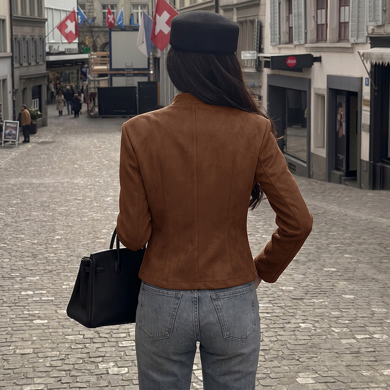 Womens Vintage Suede Double Breasted Crop Jacket
