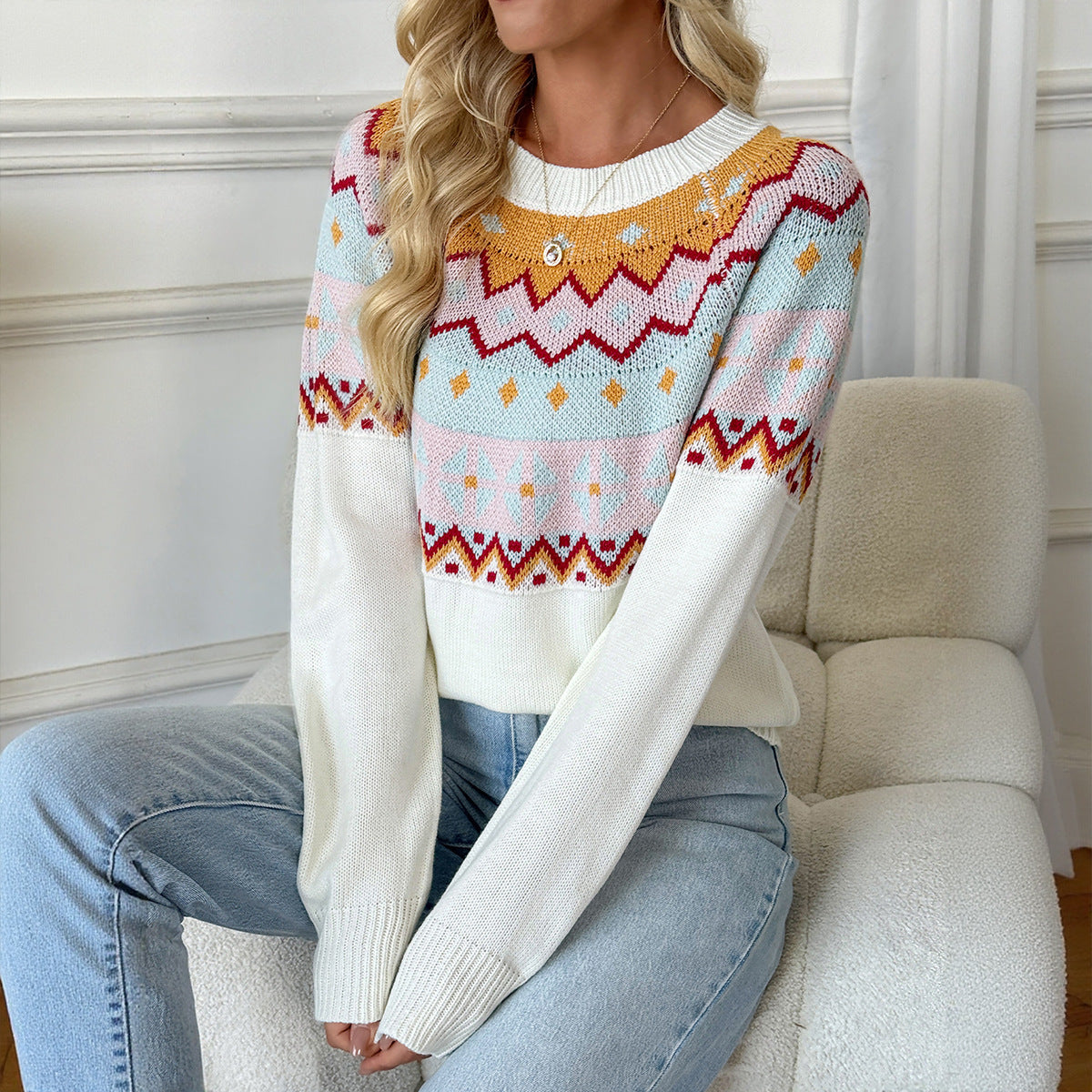 Color Block Knit Sweater Casual Loose Fit Round Neck Top