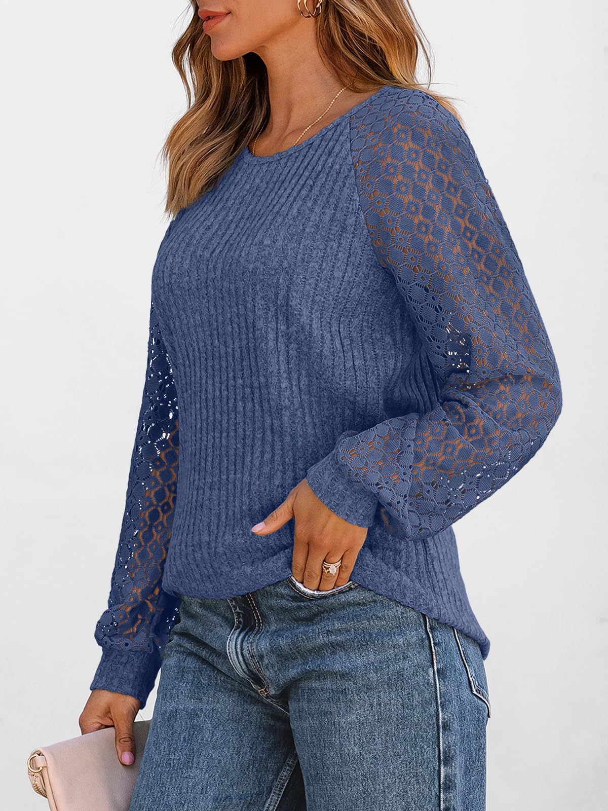 Women's Lace Sleeve Ribbed Knit Crew Neck Sweater Top