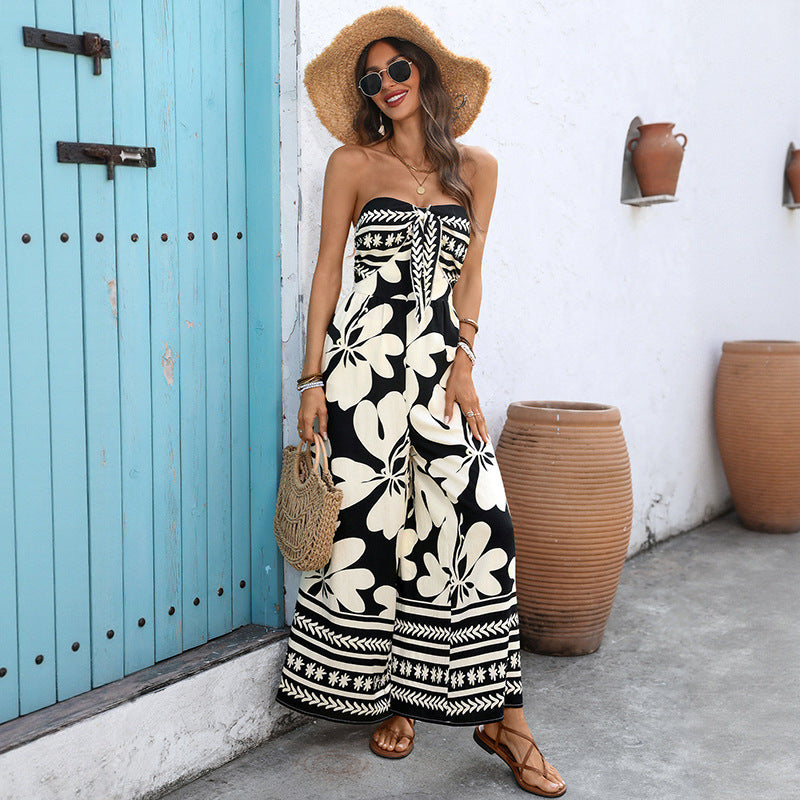 Black Floral Strapless Backless Wide Leg Jumpsuit