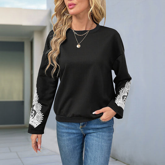 Women's Lace Patchwork Crewneck Pullover Sweatshirt