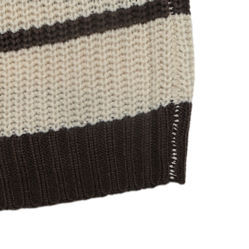 Striped Polo Knit Sweater Relaxed Fit Long Sleeve Pullover
