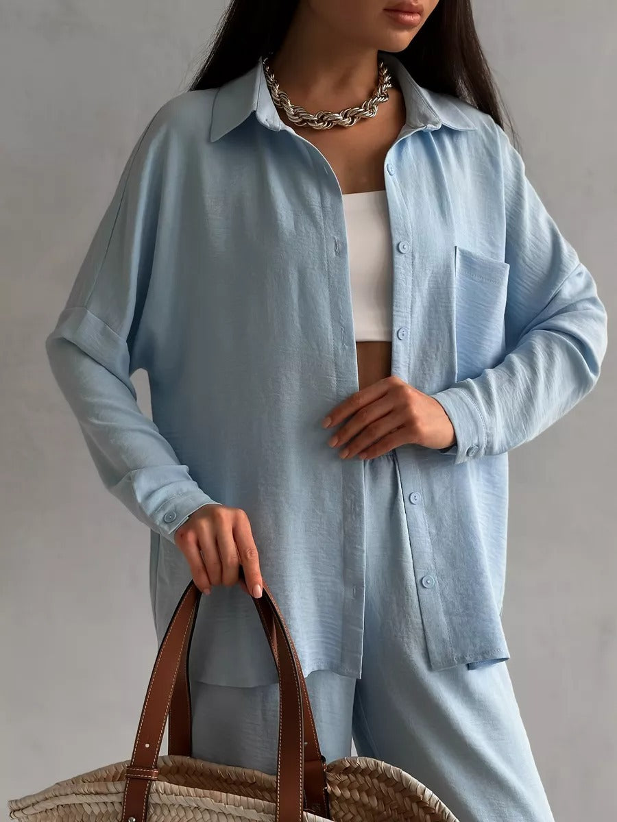 Two Piece Pants Set with Button-Down Shirt & Wide-Leg Pants