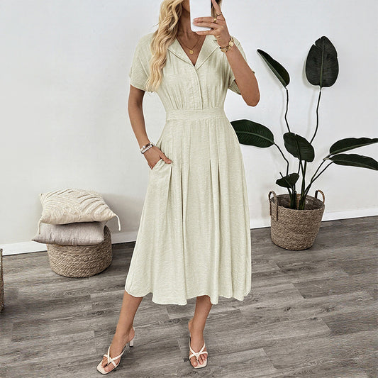 Classic Polo Collar Pleated Dress with High Waist and Pockets
