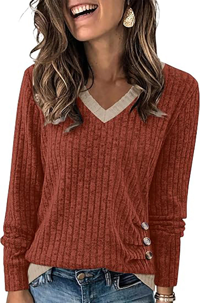 Color Block V-Neck Long Sleeve Ribbed Tunic with Buttons