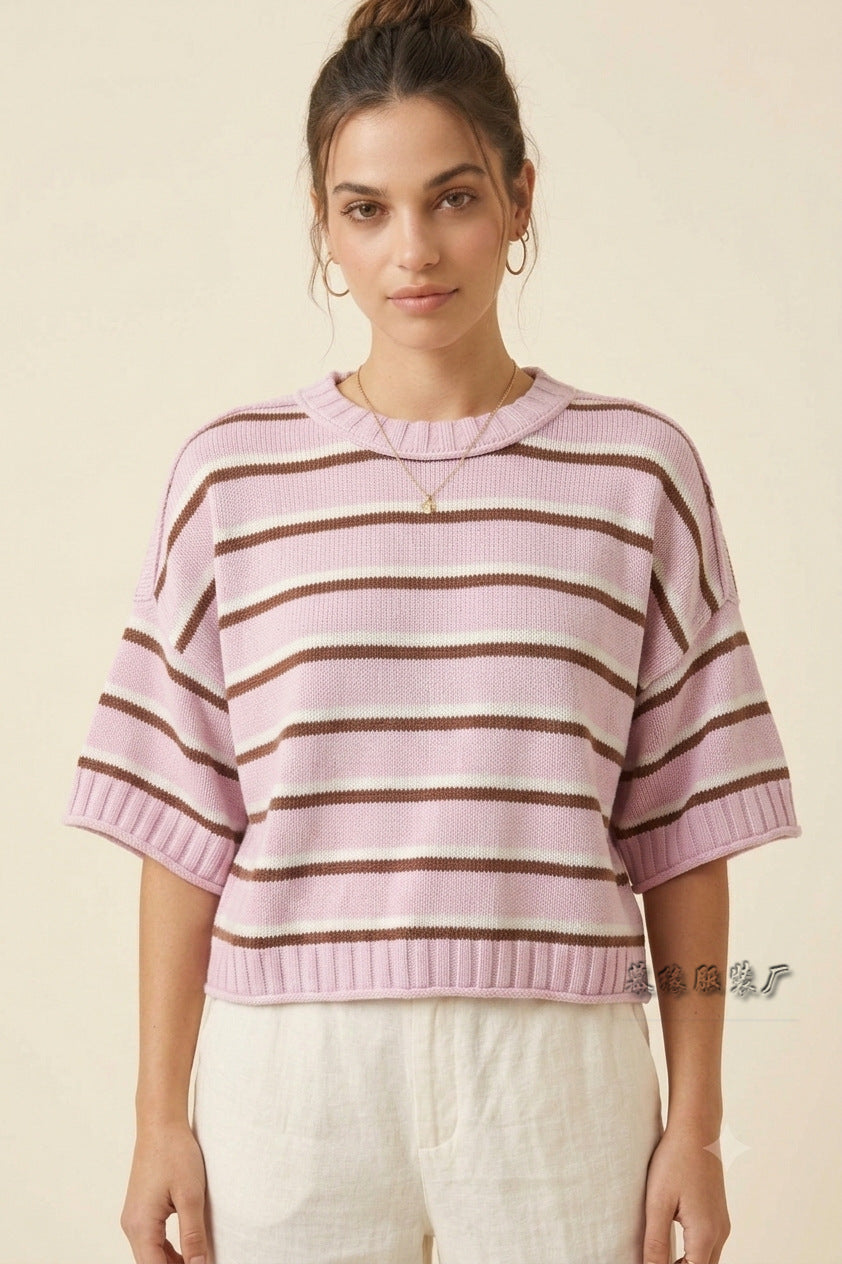 Women's Oversized Striped Short Sleeve Crewneck Sweater