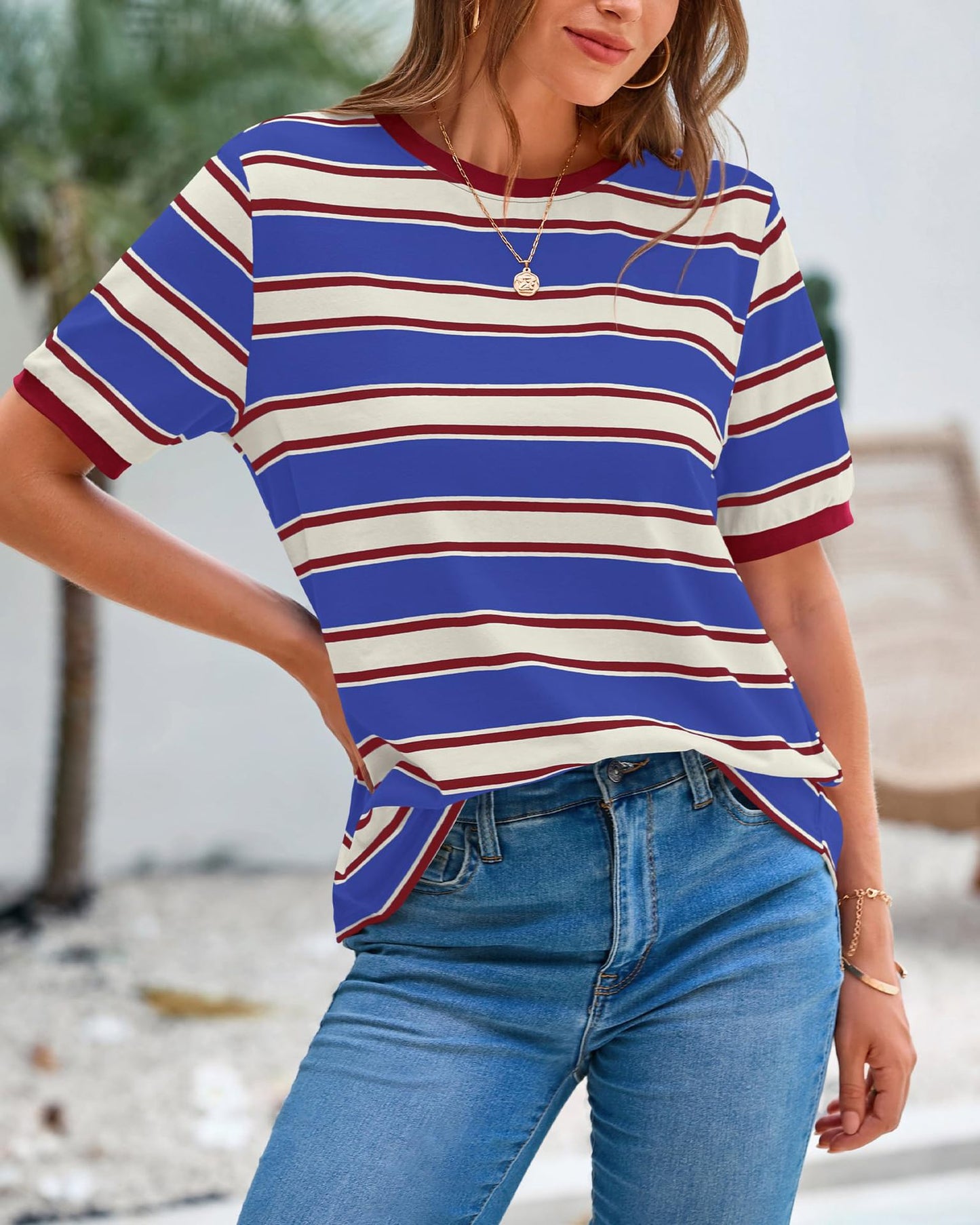 2025 Summer Round Neck Loose Top Striped Color Clash Short Sleeve T-Shirt