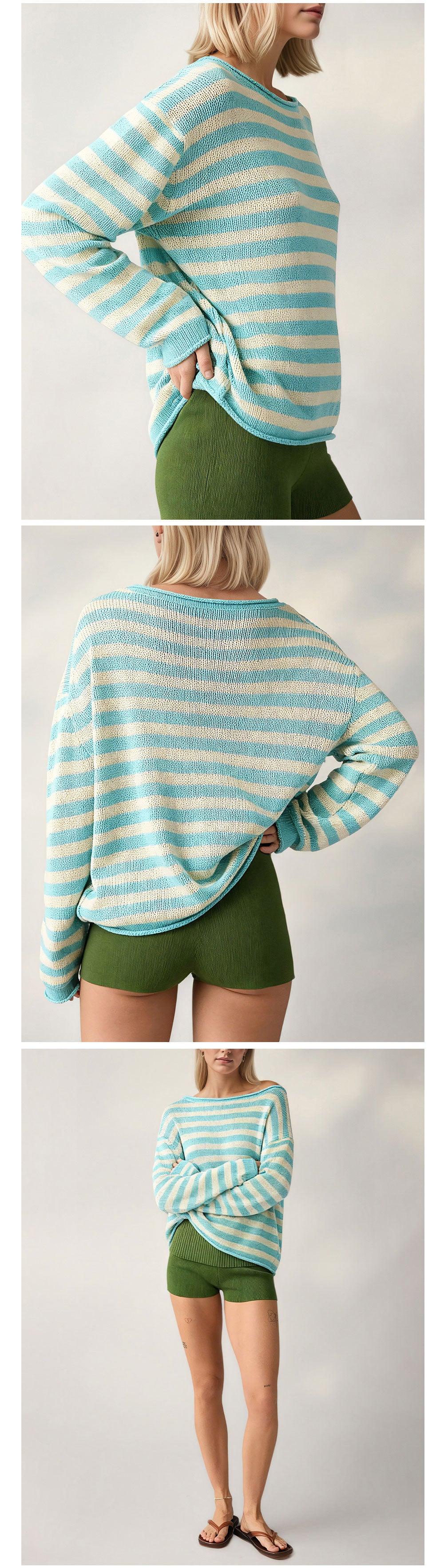 Striped Oversized Crew Neck Knit Sweater Casual Pullover