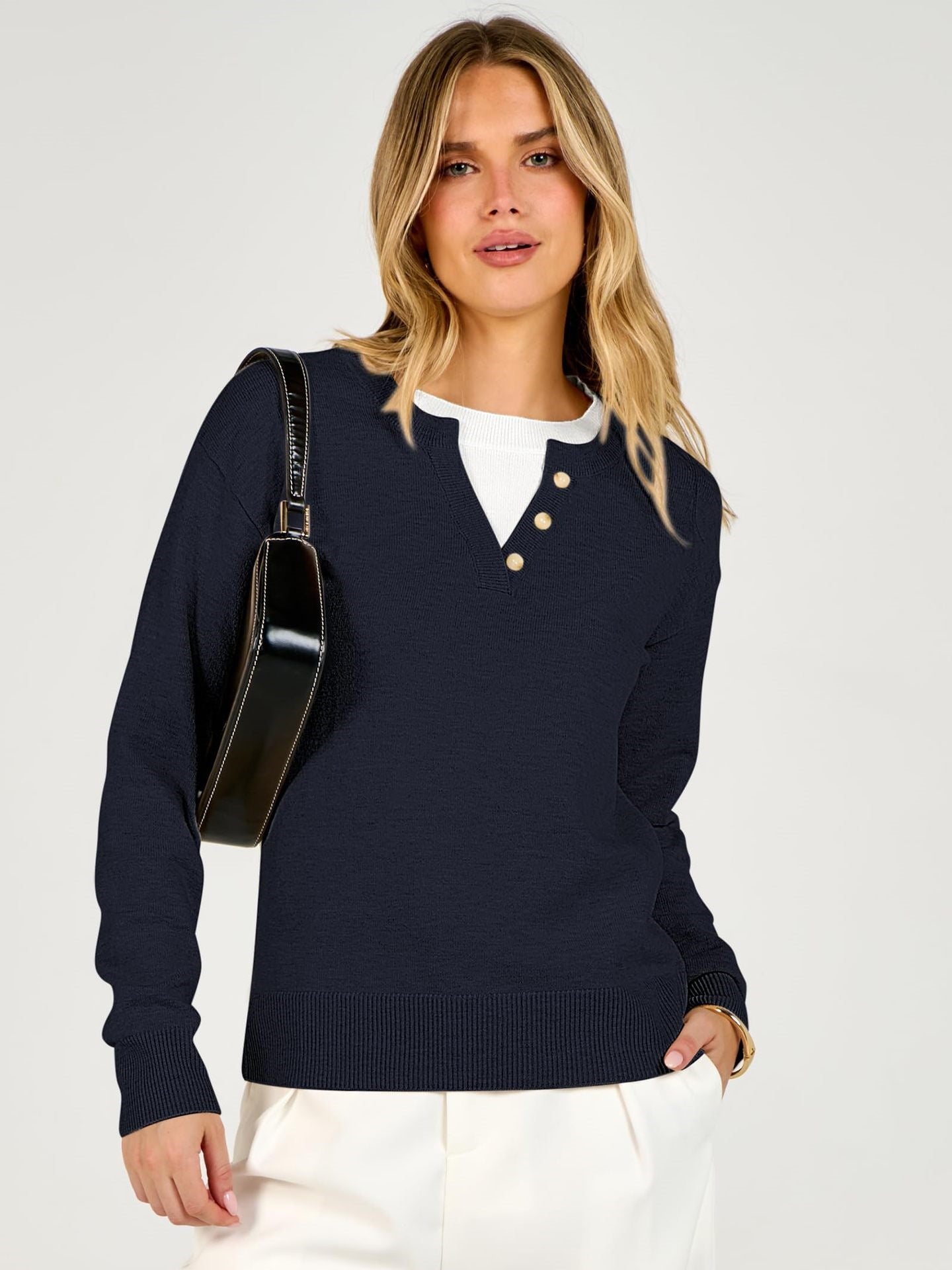 V Neck Button Contrast Knit Sweater Old Money Style