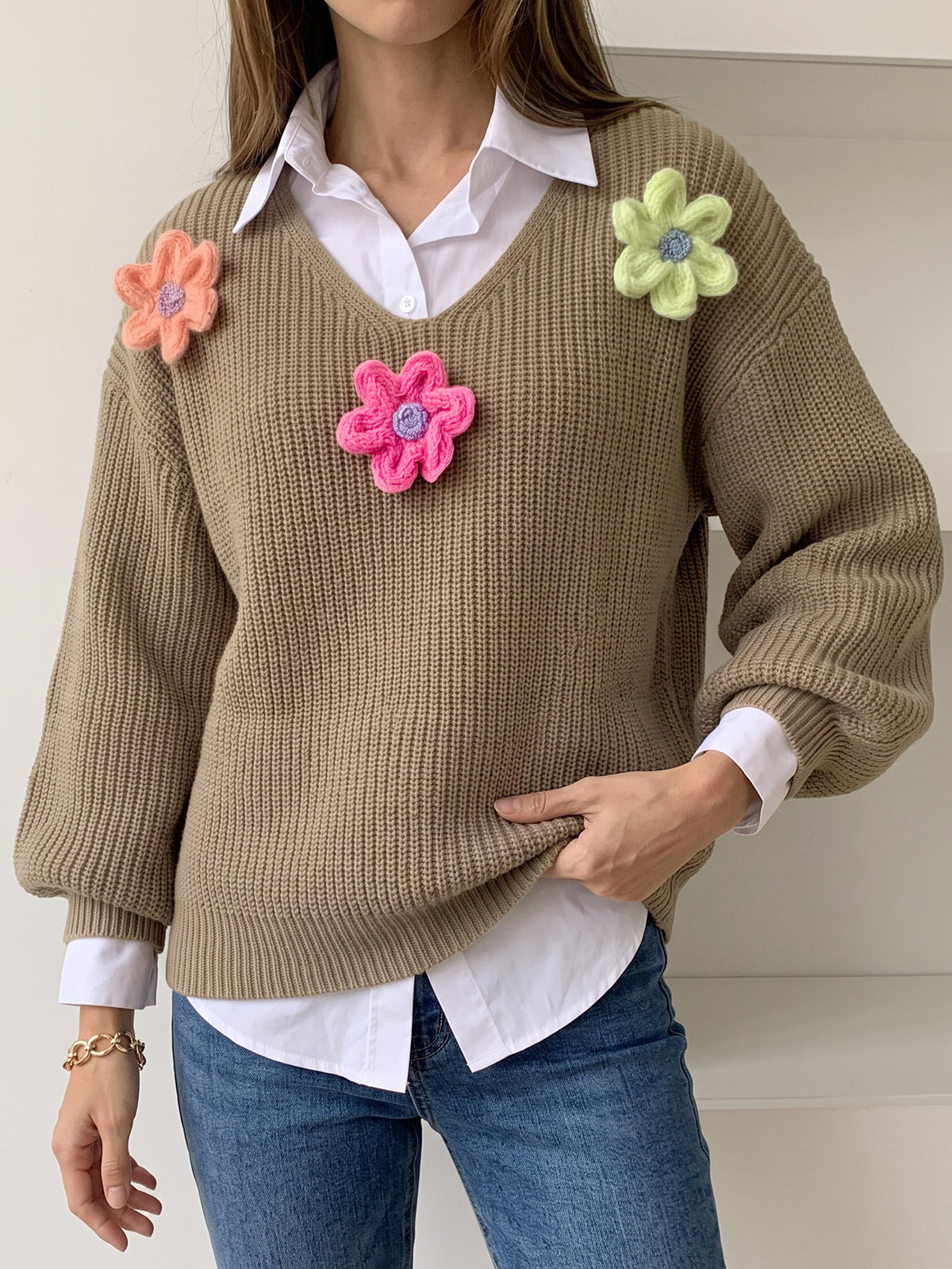 Women's Colorful Chunky Floral V Neck Knit Sweater