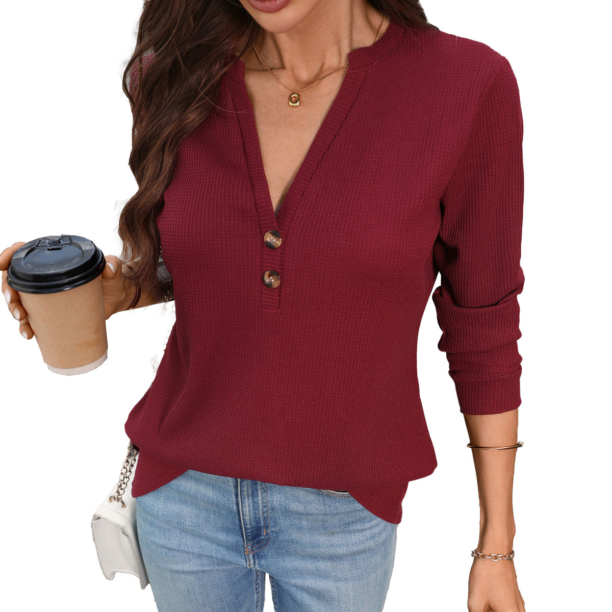 Waffle Knit V Neck Henley Long Sleeve Tunic Top