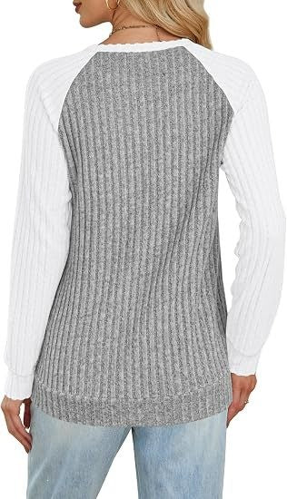 Ribbed Color Block Raglan Long Sleeve Pocket Tunic Top