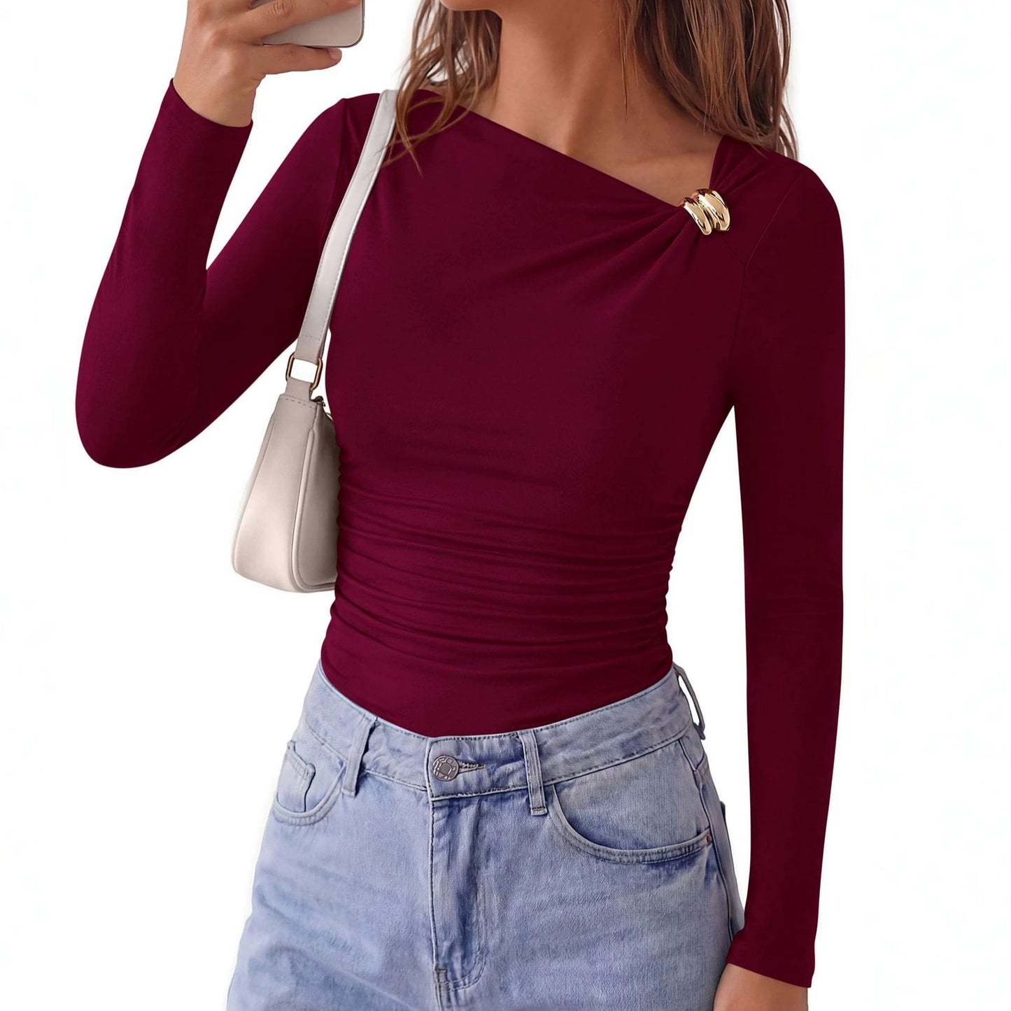 Solid Jersey Top Trendy Asymmetrical Ruched Long Sleeve
