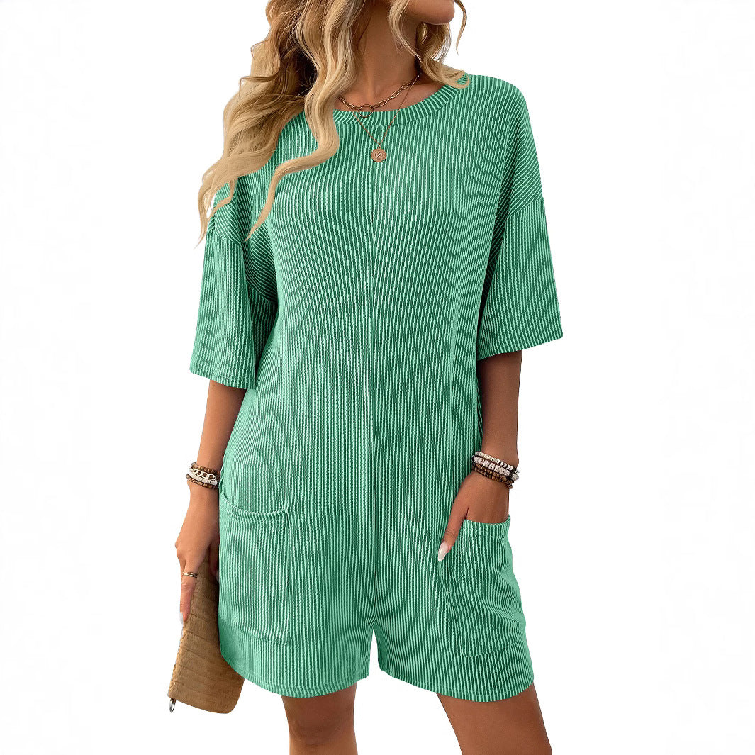 Womens Striped Romper Loose Fit Short Sleeve Jumpsuit