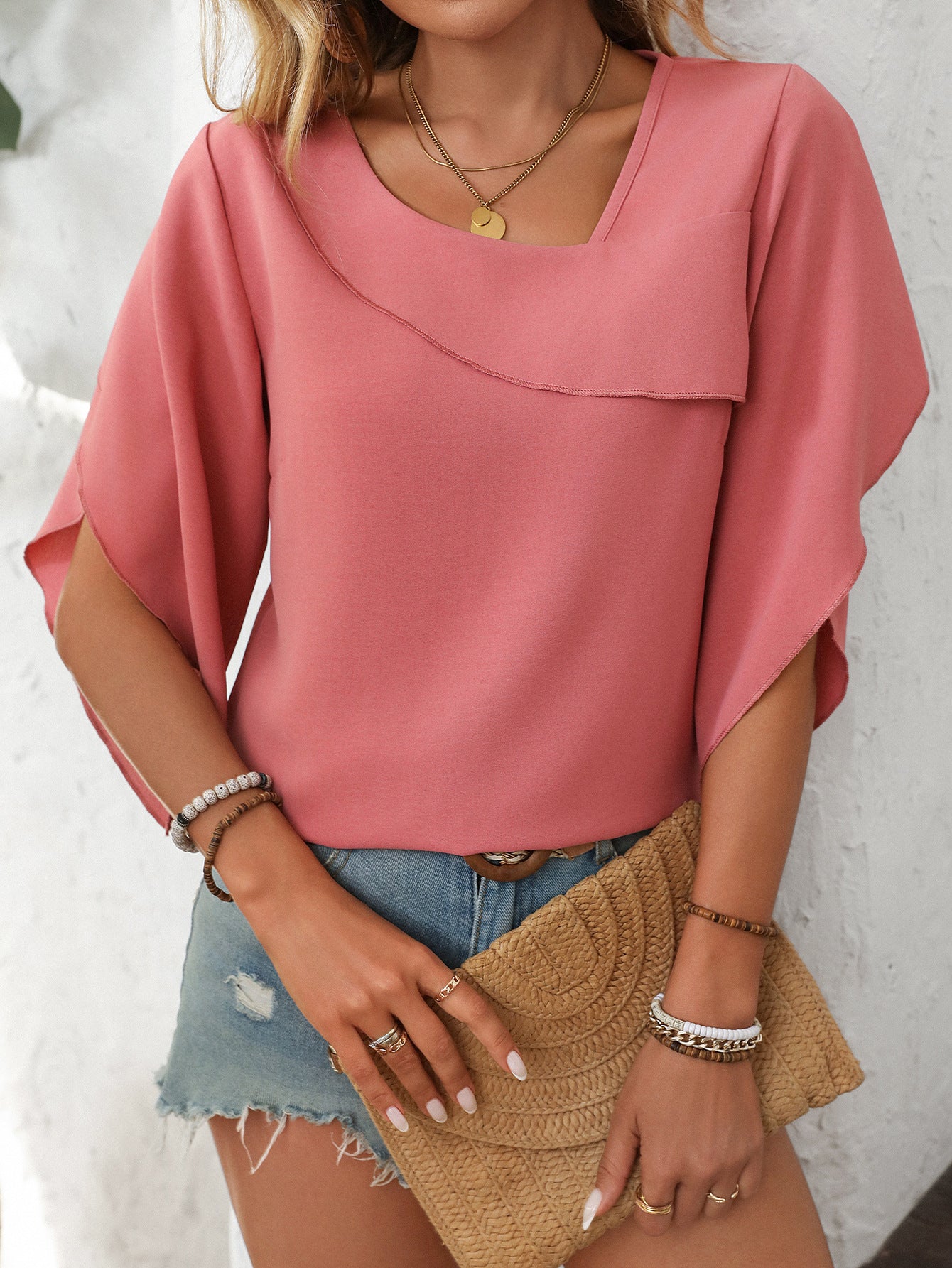 Women's Ruffled Split Sleeve V-Neck Casual Flowing Chiffon Top