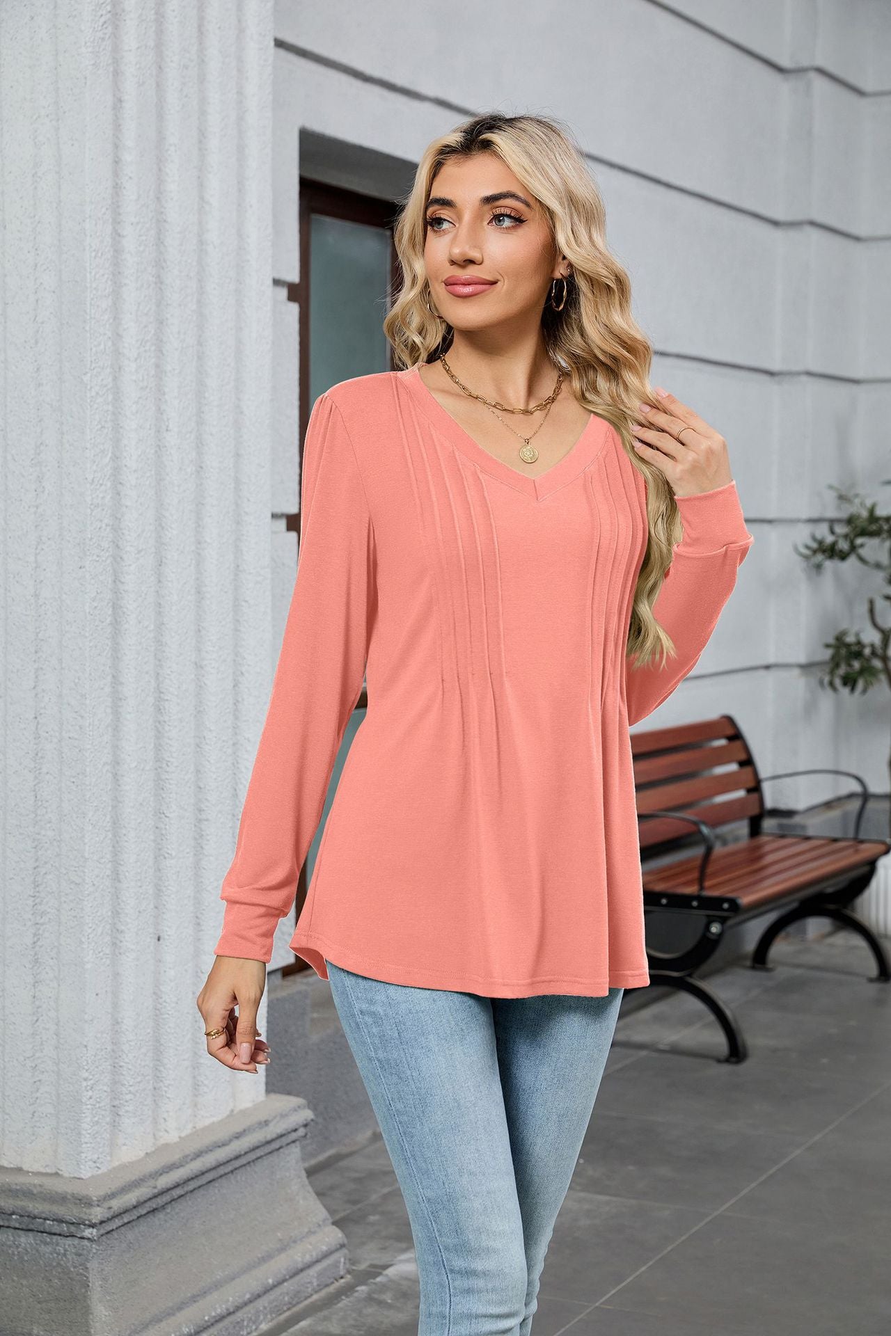 V-Neck Pleated Top – Soft Jersey Long Sleeve Tee