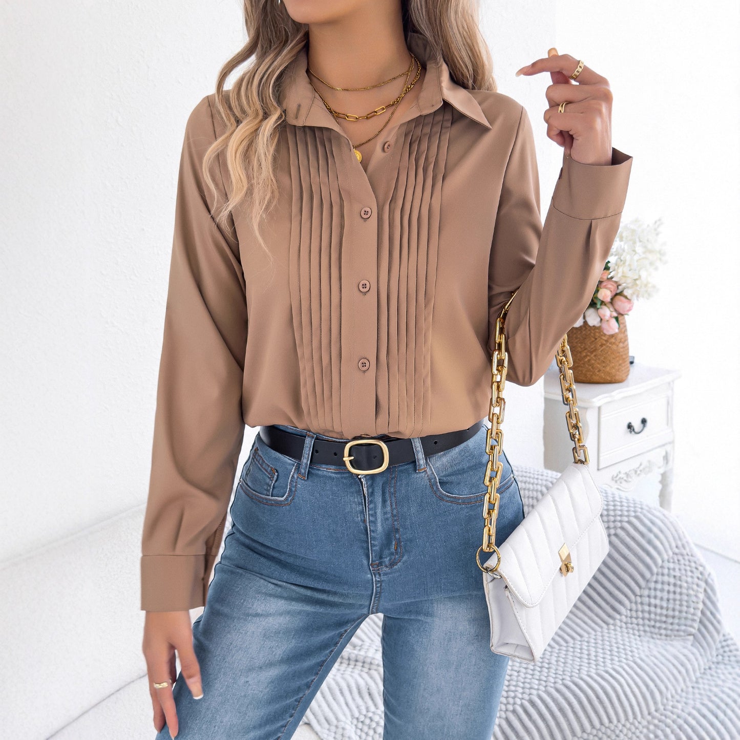 Pleated Long Sleeve Button Down Collared Blouse