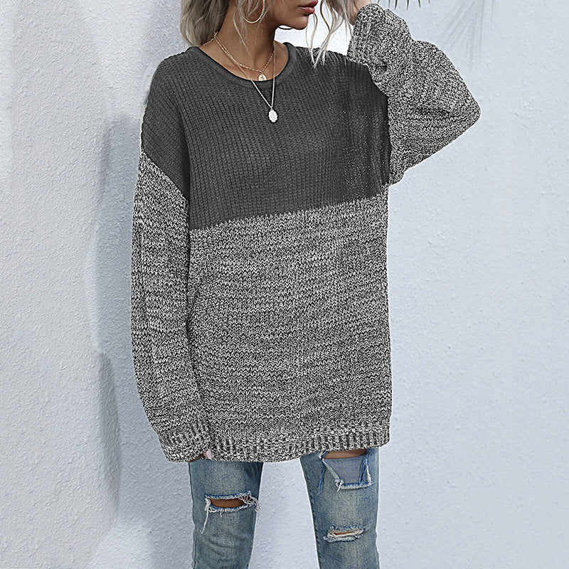 Color Block Round Neck Long Sleeve Knit Sweater Top