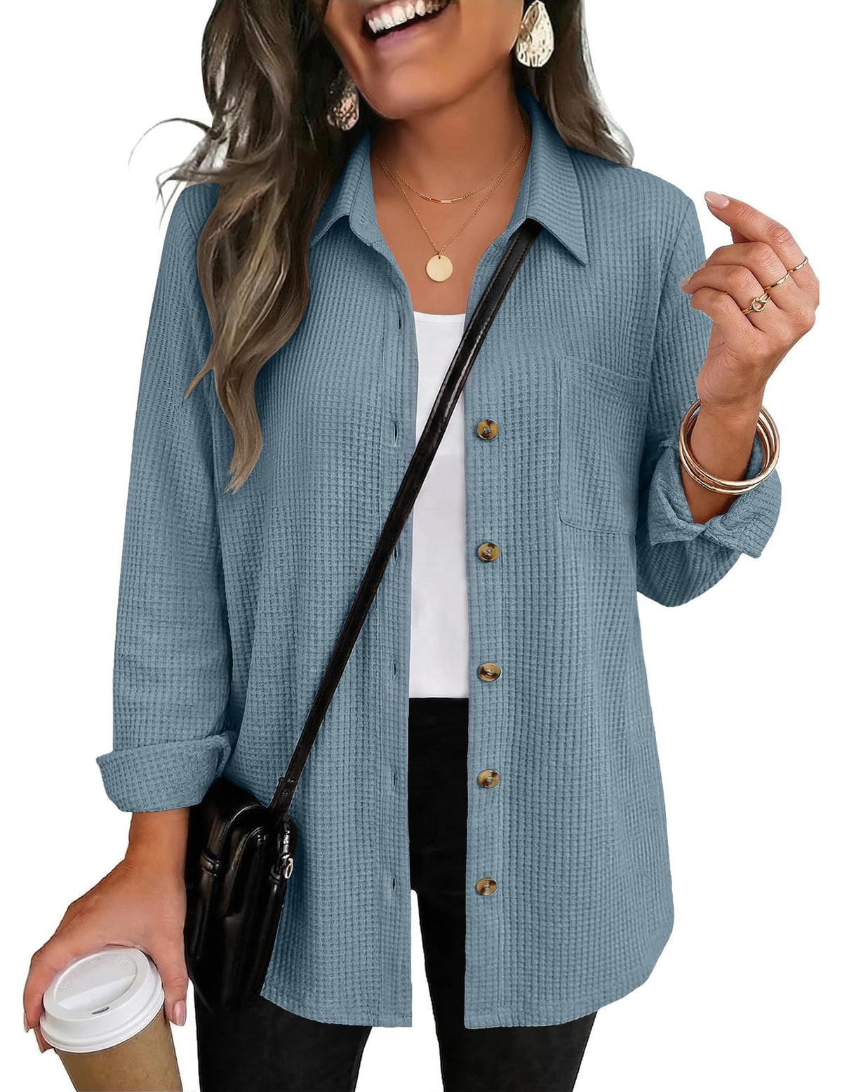 Women's Waffle Knit Button Down Long Sleeve Tunic Shirt