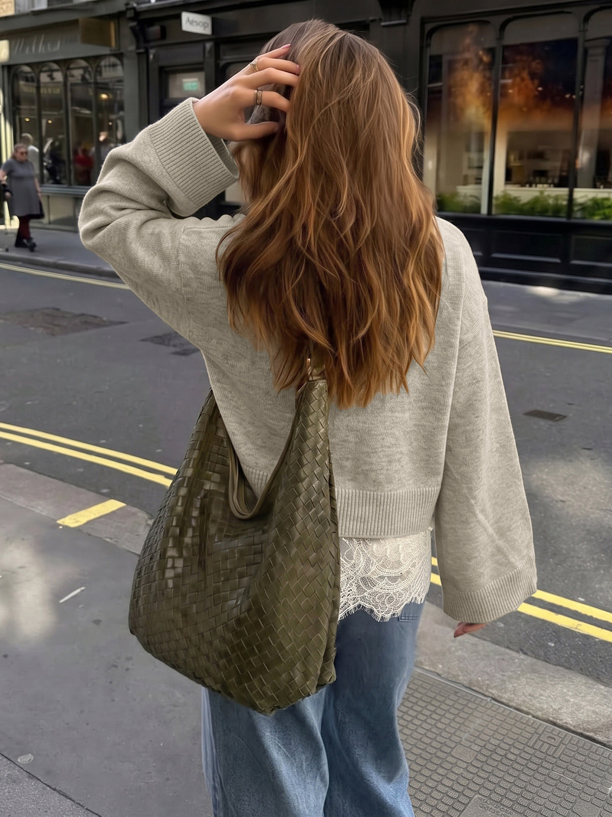 Oversized Crew Neck Sweater with Lace Hem