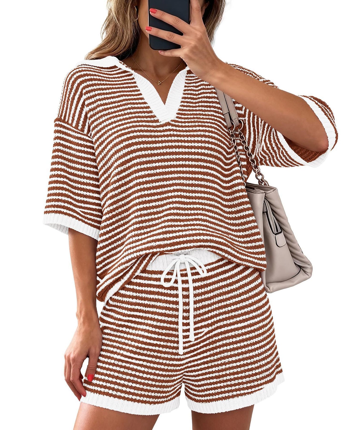 Womens Striped Knit Lounge Set V Neck Top Shorts