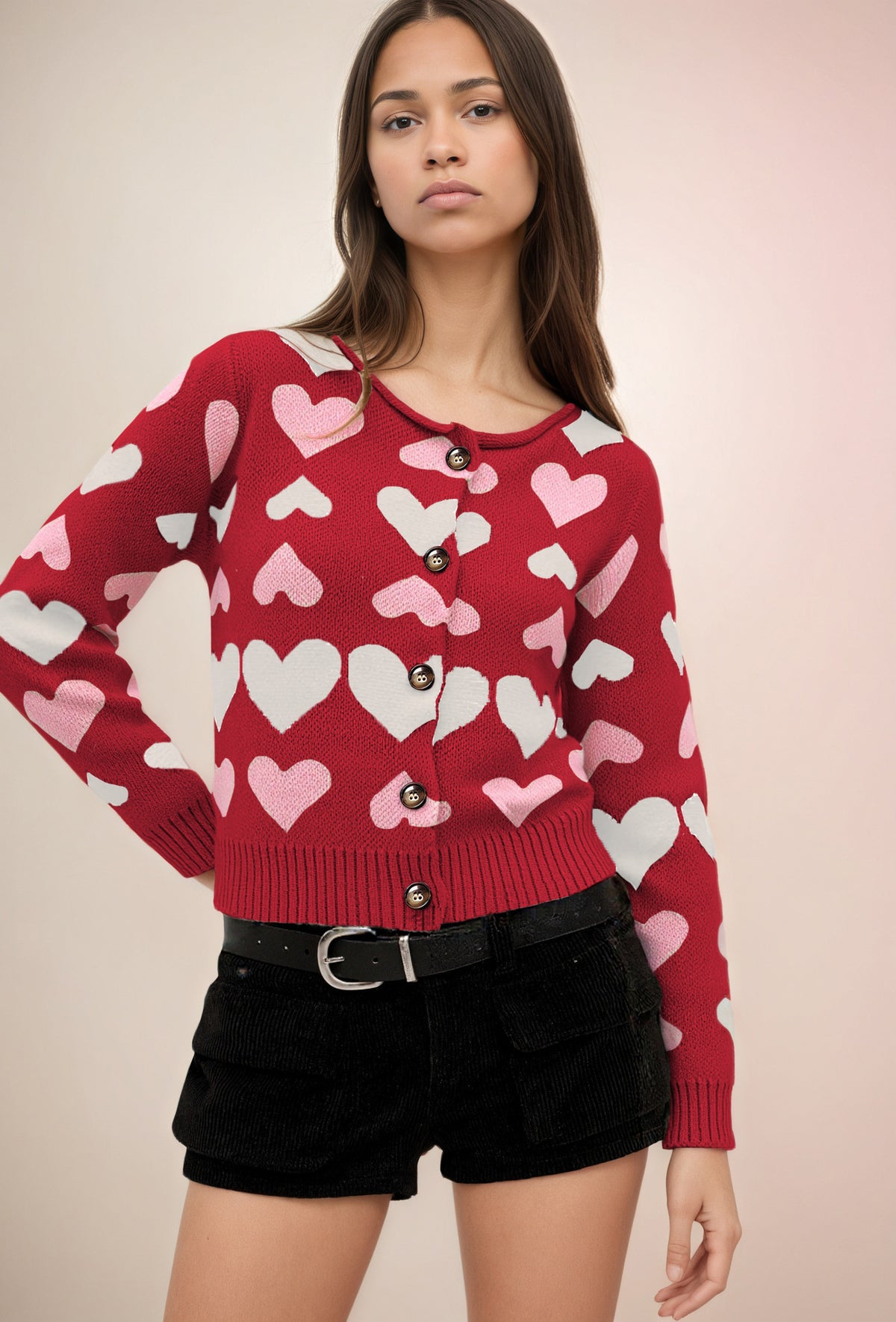 Women's Heart Print Button Front Knit Cardigan Sweater