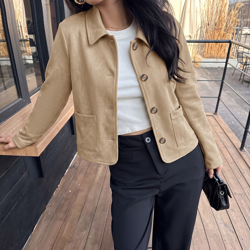 Faux Suede Cropped Collared Jacket Button Front Coat