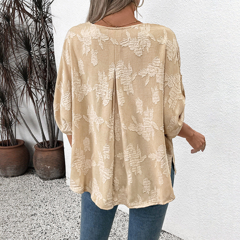 2025 Spring Summer Lace Jacquard Bat Sleeve Pullover Shirt
