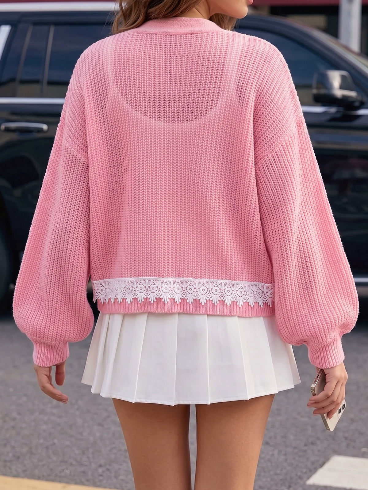 Womens Chunky Knit Lace Trim Cropped Cardigan