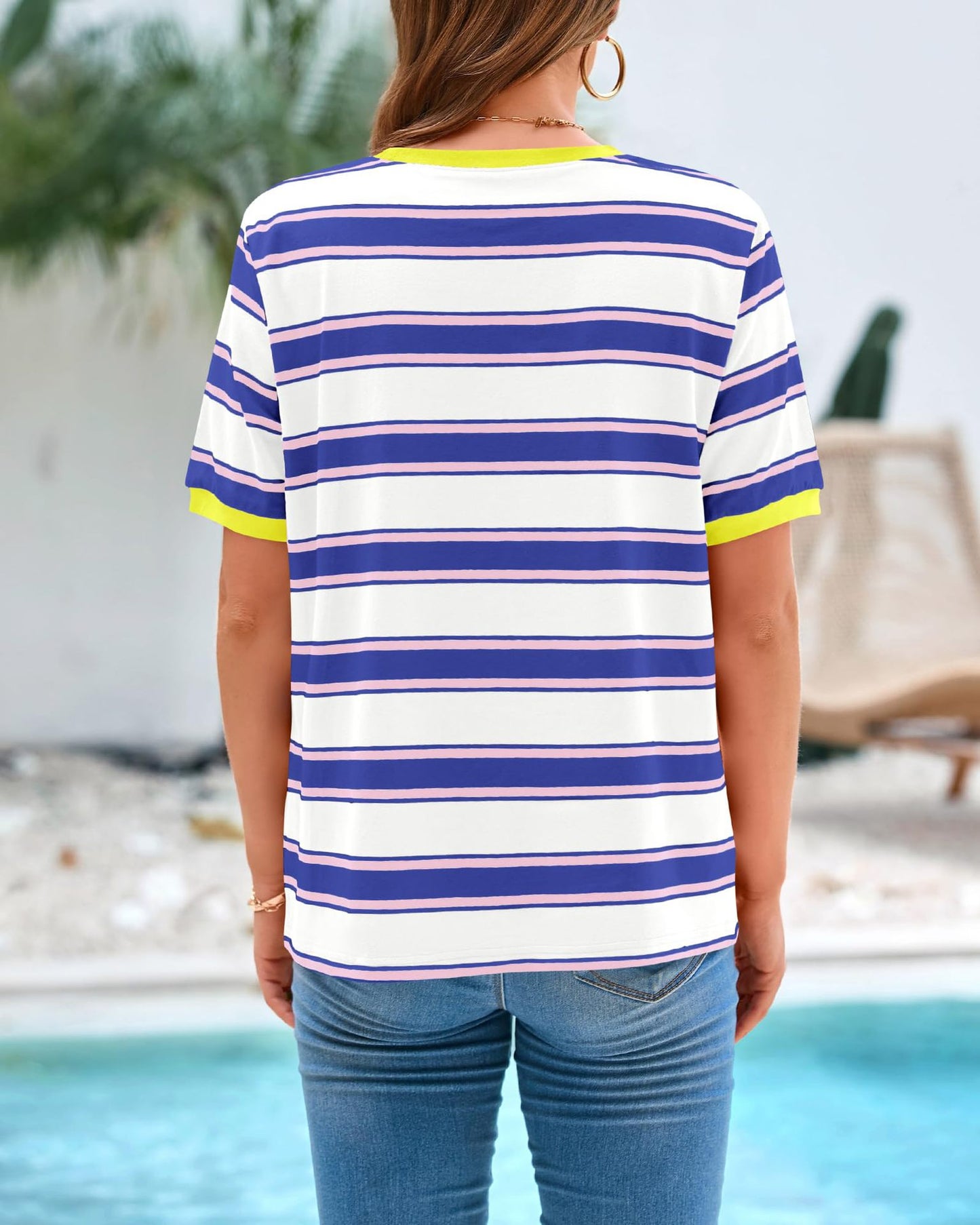 2025 Summer Round Neck Loose Top Striped Color Clash Short Sleeve T-Shirt