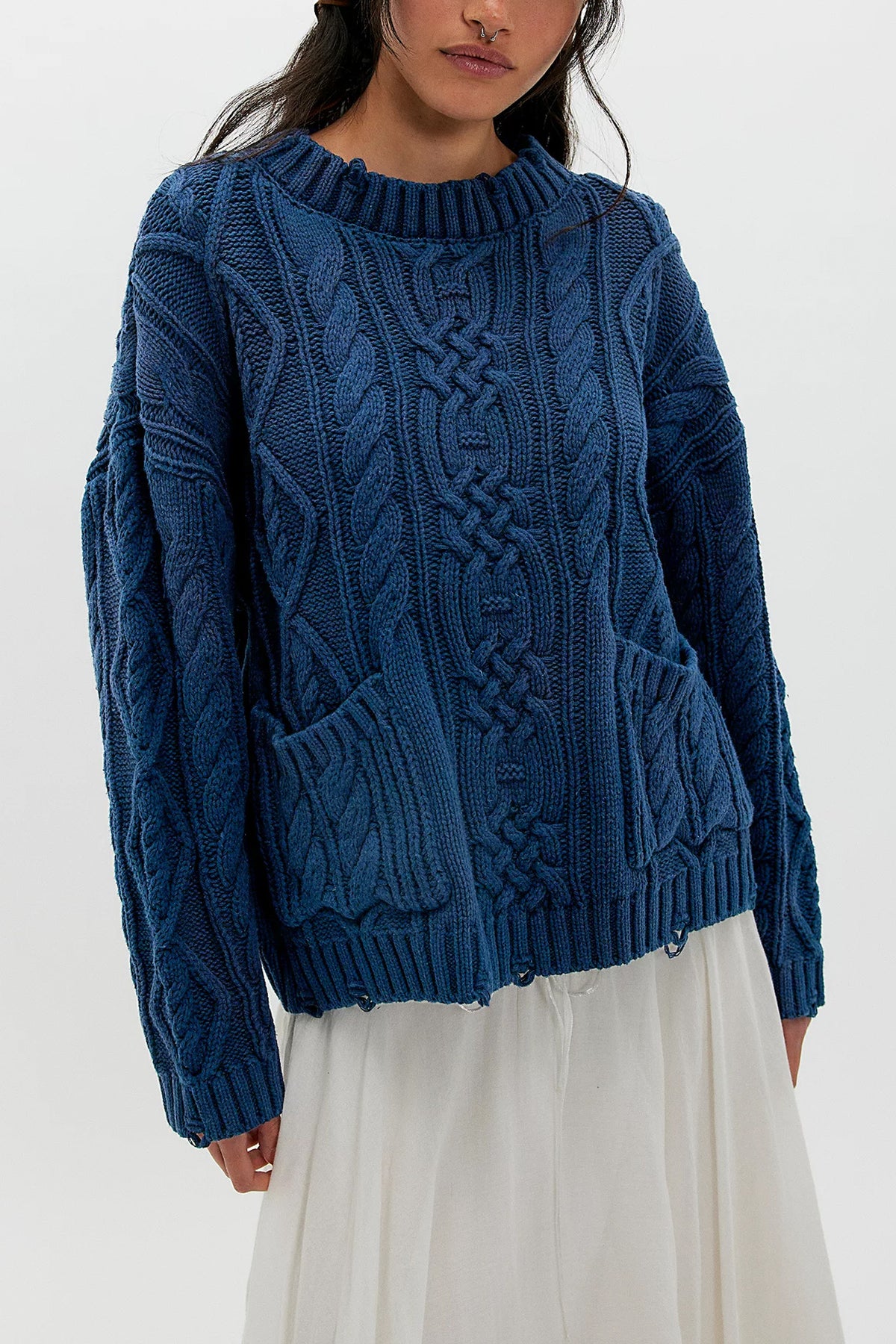 Women's Chunky Cable Knit Oversized Pullover Sweater Pocket