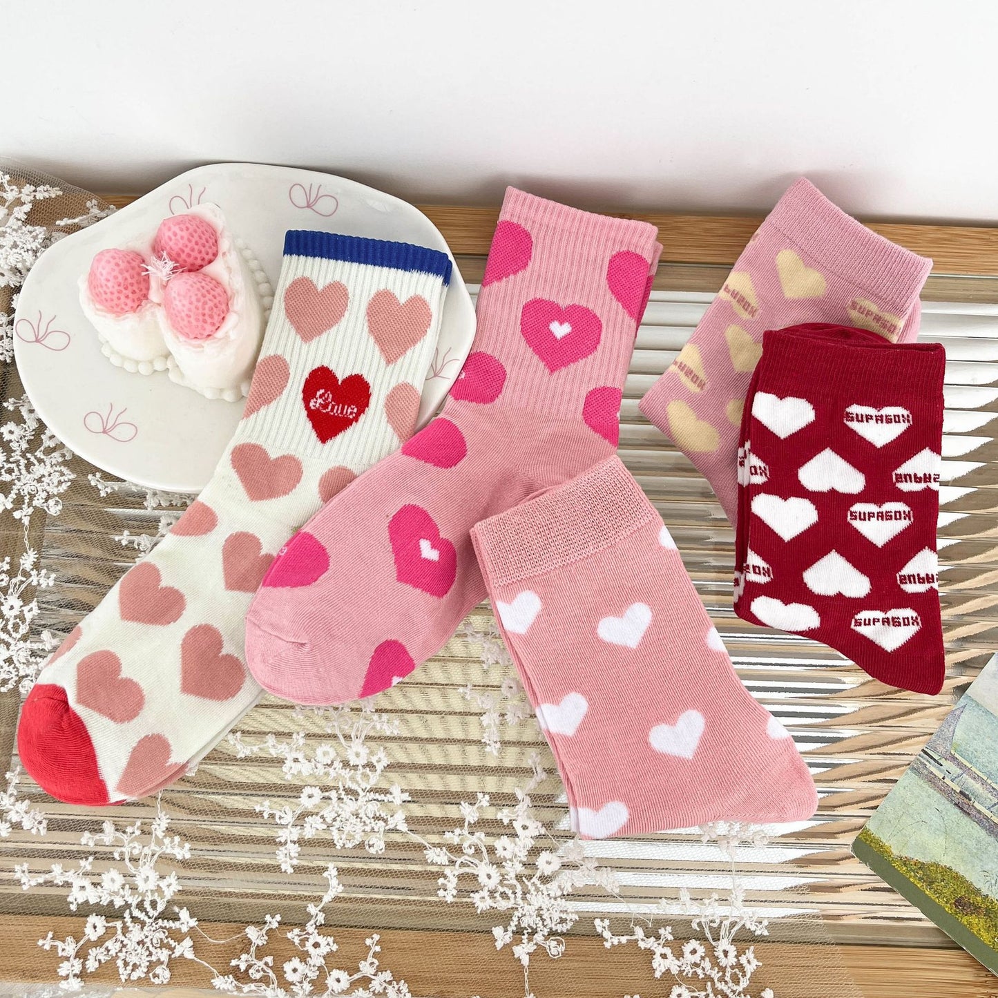 Heart Pattern Crew Socks Cute Preppy Style